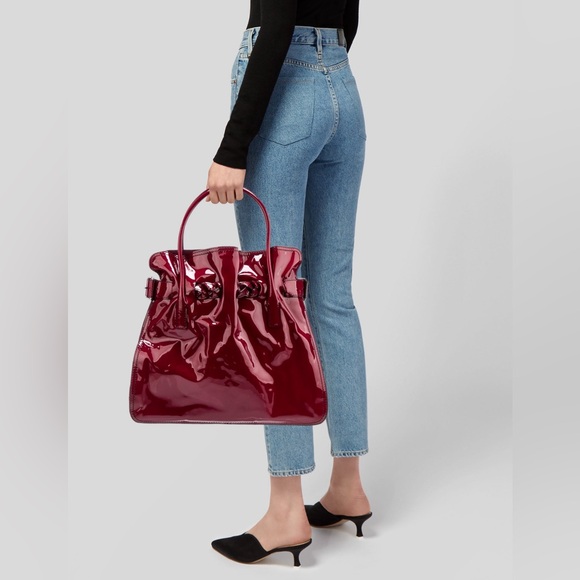 VALENTINO GARAVANI Maroon Patant Leather Hobo Shoulder Tote Bag NEW - Picture 5 of 11
